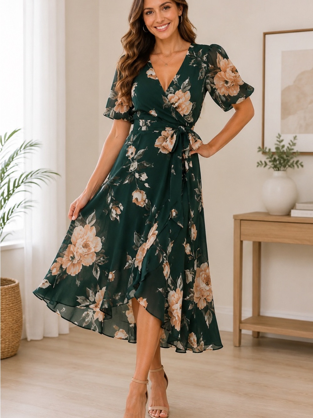 Emerald Green Floral Wrap Midi Dress with Peach Blooms#44